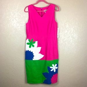 Vintage color block linen floral print V neck sleeveless shift dress